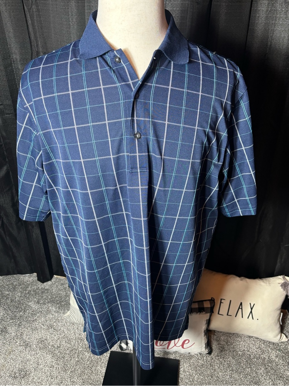 Nicklaus-Men's Navy Check Windowpane Polo-Size Large